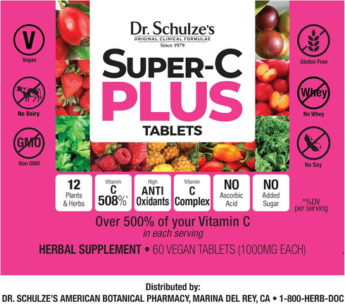 Dr. Schulze's Super-C Plus | Vitamin C Complex | Clinical Herbal Formula | 60 Chewable Tablets for Immunity Support