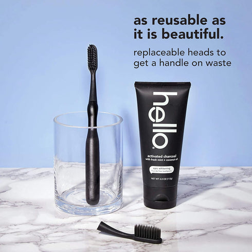 hello Manual Adult Toothbrush With Reusable Charcoal Aluminum Handle & 4 Soft Replacement Heads, 4 Count