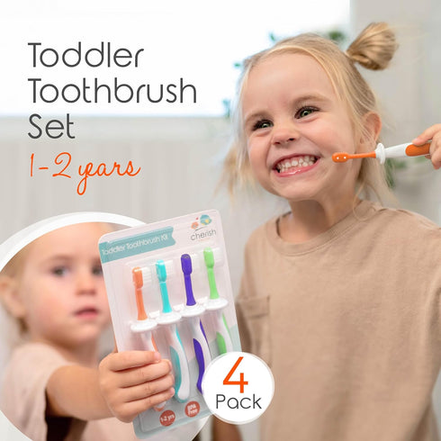 Cherish Baby Care Toddler Toothbrushes (4-Pack) for 1-2 Years - BPA-Free, Soft-Grip, Pediatric Dentist Designed