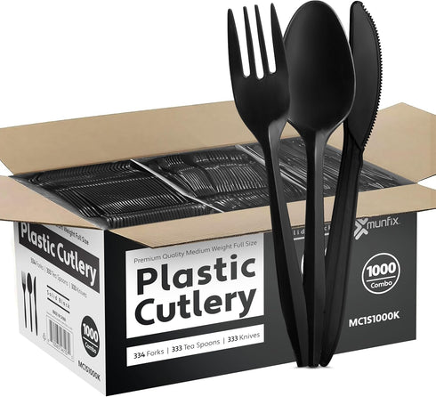 1000 Count Black Silverware Set, 334 Plastic Forks, 333 Spoons, 333 Knives, Medium Weight BPA Free Disposable Cutlery