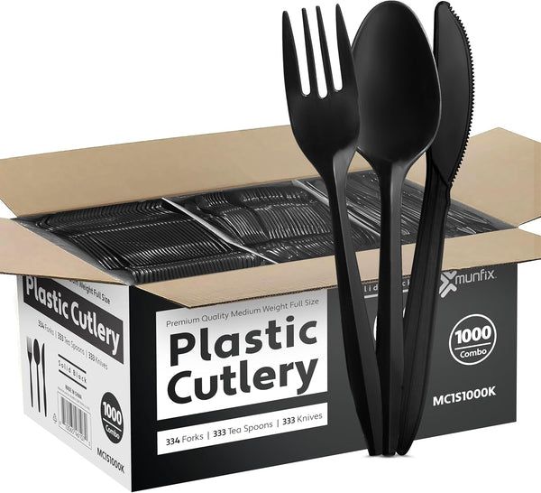 1000 Count Black Silverware Set, 334 Plastic Forks, 333 Spoons, 333 Knives, Medium Weight BPA Free Disposable Cutlery