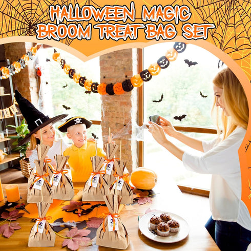 Watersay 24 Set Halloween Treats Bags, DIY Witch Broom Bag with Orange Ribbon for Halloween Party Decorations