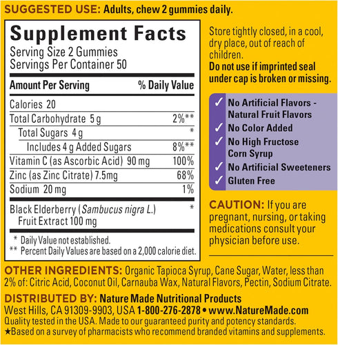 Nature Made Elderberry with Vitamin C and Zinc - Dietary Supplement for Immune Support, 100 Gummies, 50 Day Supply