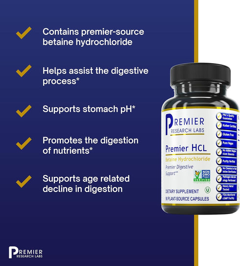 Premier Research Labs Premier HCL, Betaine Hydrochloride Supplement for Optimal Digestive Function, 90 Vegetarian
