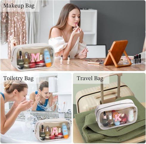 Initial Travel Makeup Bag Pouch, Clear Toiletry Bag for Women, Unique Birthday Gifts for Teacher Mom Friends, White B