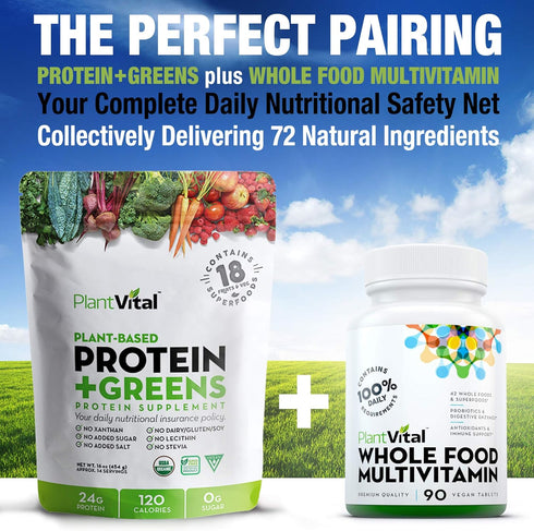 Plantvital Unflavored Organic Vegan Protein Powder - 18 Superfoods, Gluten Free - 16oz (Pack of 2)