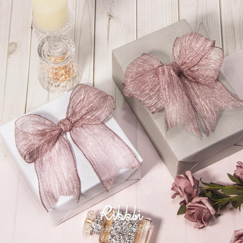 Ribbli Rose Pink Crinkled Wired Ribbon 2.5 Inch with Metallic Dusty Rose Wavy Christmas Ribbon for Cristmas Tree Topper Bow Wreaths Swags Gift Wrapping Wedding Decoration-Countinuous 10 Yard