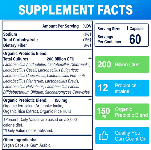 200 Billion CFUs, 120 Capsules, 12 Strains Probiotics for Women Men, Daily Supplement with 3 Prebiotics, Shelf Stable