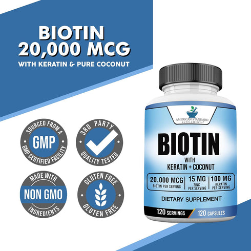 Biotin 20,000mcg with Keratin, Coconut Powder, and Zinc - Hair Growth Supplements for Healthy Hair, Skin & Nails