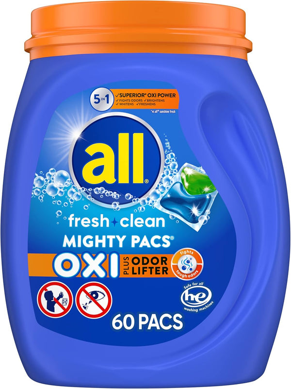 all Laundry Detergent Pacs, Fresh Clean Oxi plus Odor Lifter, 60 Count (Packaging May Vary)