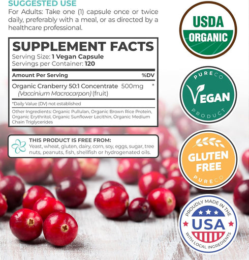 USDA Organic Cranberry Pills - 50:1 Concentrate Equals 25,000mg of Fresh Cranberries for Urinary Tract Health, 120