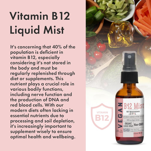 Organic Vegan Vitamin B12 Supplement Liquid Mist, 5,000mcg Methylcobalamin, Non-GMO, 240 Days Supply