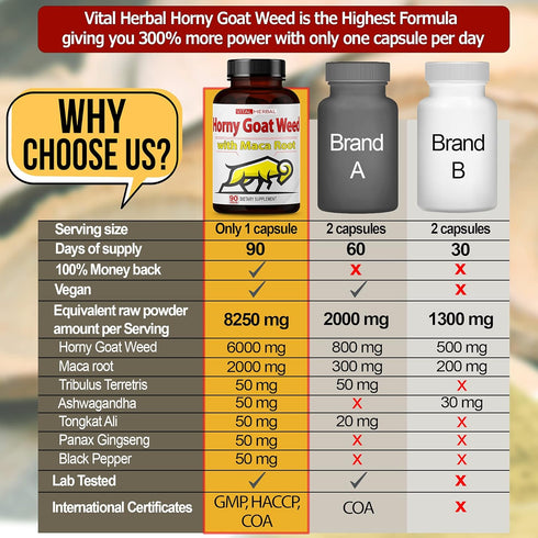 VITAL HERBAL Horny Goat Weed Capsules, Equivalent to 8250mg, Maximum Strength with Maca Root, 90 Count