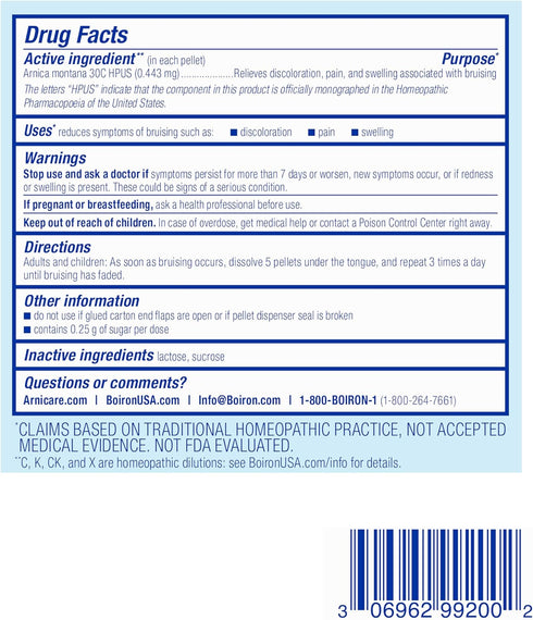 Boiron Arnica Bruise - Arnica Montana 30c for Pain, Swelling, Discoloration from Bruises - 3 Count (240 Pellets)