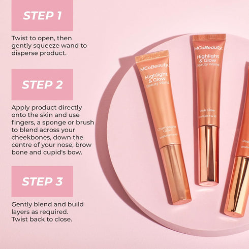 MCoBeauty Highlight & Glow Beauty Wand, Peach Glow, Luminous Highlight for Radiant Skin, Vegan, Cruelty Free