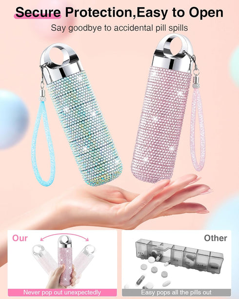 Zannaki Metal Bling Pill Organizer, Travel Waterproof Weekly Pill Box, Portable Large Aluminum Alloy Container, BPA Free