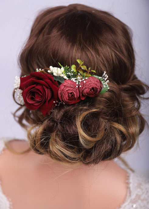 Kercisbeauty Red Rose Burgundy Hair Comb, Vintage Bridal Floral Headband for Women Girls Party