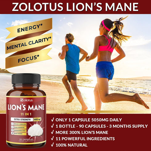 11 in 1 Lions Mane Mushroom Capsules, Equivalent to 5050mg, 3 Month Supply with Cordyceps, Reishi, Ashwagandha, Immune