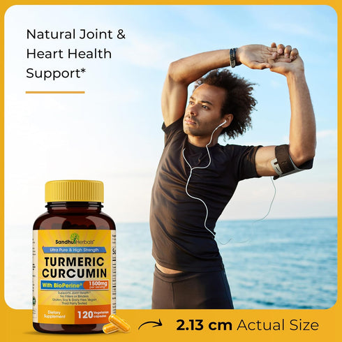 Sandhu Herbals Organic Turmeric Curcumin 120 Capsules 1500mg Joint Support with Bioperine Black Pepper Extract