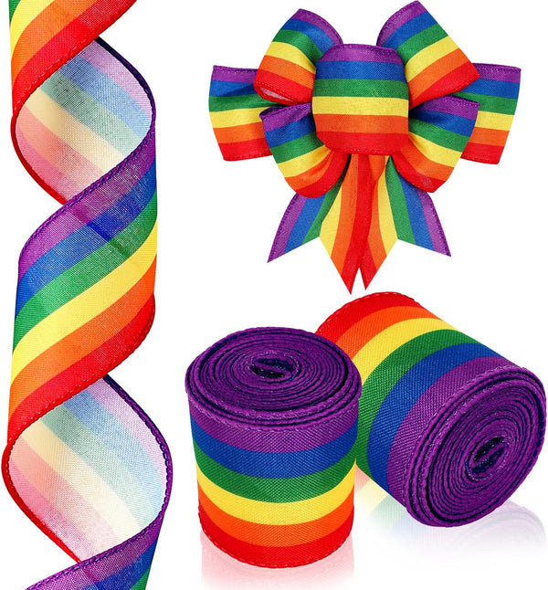 Whaline 2 Rolls Rainbow Stripe Wired Ribbon, 2.5 Inch, Colorful LGBTQ Pride Fabric for Crafts and Gift Wrapping