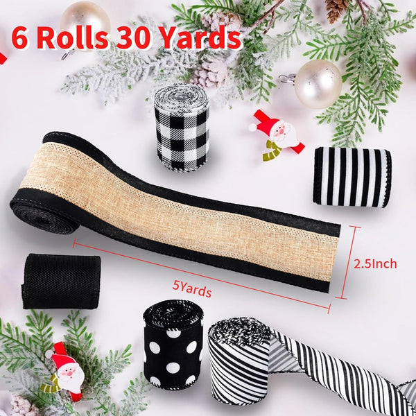 Wired Ribbons - Polyester Buffalo Plaid, Stripes, Dot, and Burlap - 2.5 inch Ribbons, 6 Rolls 30 Yards for Decoration