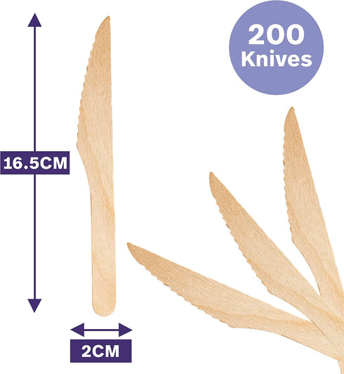 MATANA 100% Natural Disposable Bamboo Wooden Knives, 6.5" Inch (200 Pack), Compostable Cutlery for Events