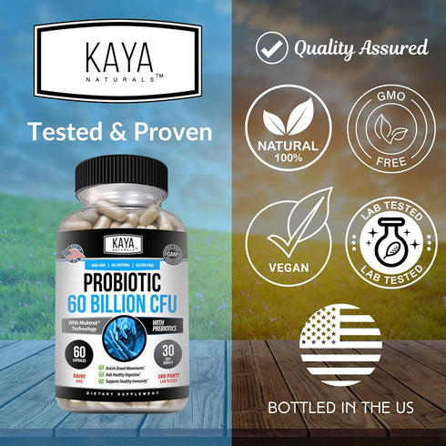 Kaya Naturals Probiotic 60 Billion CFU, 60 Vegetable Capsules, Natural Supplement for Gut Health & Immune Support