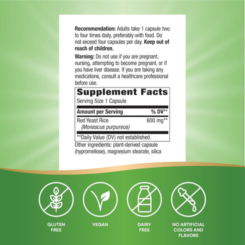 Nature's Way 600 120 (Packaging Red Yeast Rice, Traditional Support, mg per Serving, Vegan, Capsules May Vary)