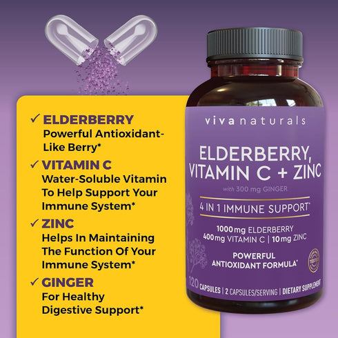 Viva Naturals 4-in-1 Daily Immune Support Supplement, 120 Capsules - 1000mg Sambucus Black Elderberry, Zinc, Vitamin C