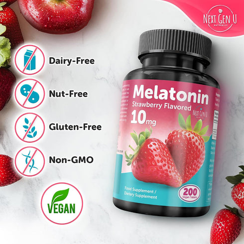 NGU Next Gen U 10 200 Melatonin Tablets - mg Dietary Supplement - Strawberry Flavored - Vegan Tablets - by NextGenU