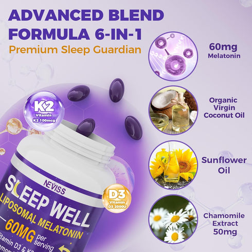 Melatonin 60mg for Adults High Dose, Supports Deep Sleep & Brain Cognition, Extra Strength Liposomal Melatonin