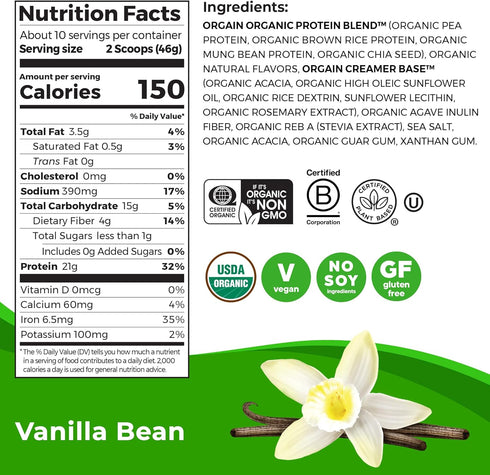 Orgain Organic Vegan Protein Powder, Vanilla Bean - 21g Plant Based Protein, 4g Prebiotic Fiber, No Lactose Ingredients, No Added Sugar, Non-GMO, For Shakes & Smoothies, 1.02 lb (Packaging May Vary)