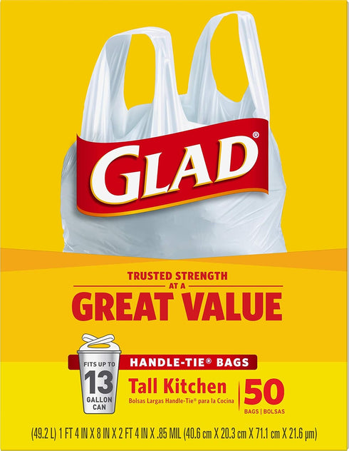 Glad Trash Bags, 13 Gallon White Handle-Tie Garbage Bags, 50 Count (Package May Vary)