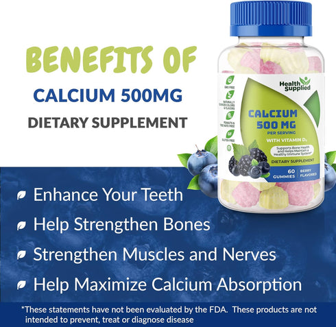 Calcium 500mg with Vitamin D3 1000 IU Gummies - Bone Strength for Adults, Teens, Kids, 60 Count