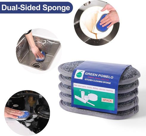6 Pack Multi-Purpose Kitchen Sponges, Dual-Sided Microfiber Dish Scrubbers, Durable Reusable Cleaning Sponges