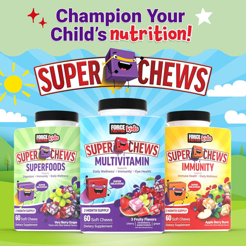 FORCE FACTOR Kids Superfood Super Chews, Very Berry Grape Flavor, 60 Soft Chews, 2-Month Supply, Kids Vitamins & Immune