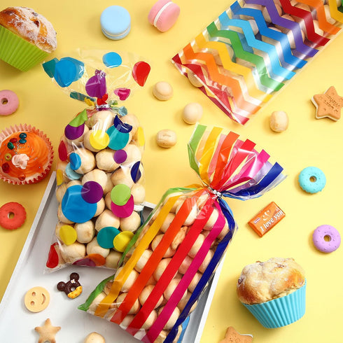 105 Pcs Rainbow Cellophane Treat Bags, Bulk Plastic Polka Dot Stripes Goodie Candy Favor Bags for Parties
