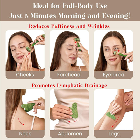 Rena Chris Face Roller & Gua Sha Set, Natural Jade Massage Tools for Jawline Sculpting and Puffiness Reducing
