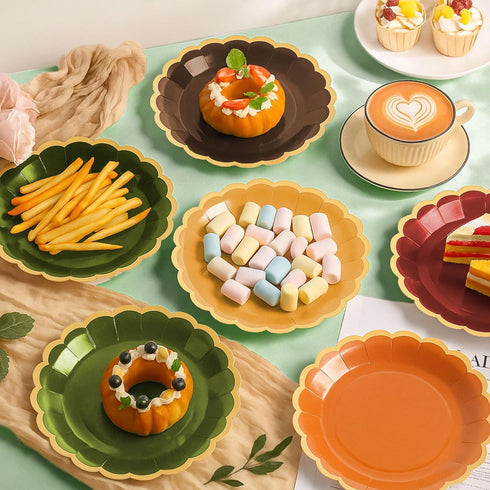 Tiangrid 48 9 Inch 6 Pcs Green and Brown Paper Plates Gradient Woodland Scalloped Paper Plates Disposable Dinner