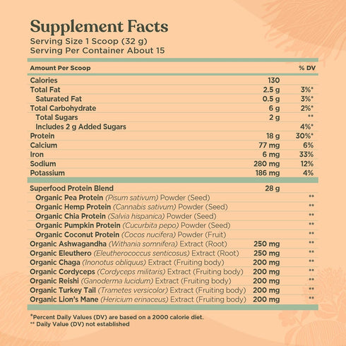 Four Sigmatic Organic Plant-Based Protein Powder, Unflavored with Lion’s Mane, 16.9 oz