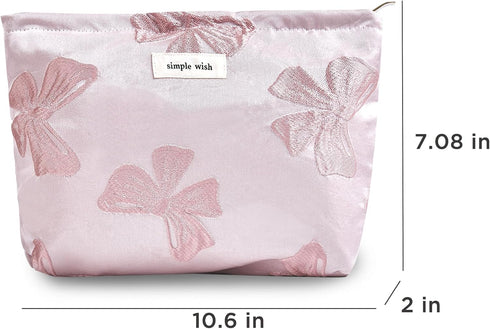 Makeup Bag Cosmetic Bag, Preppy Canvas Toiletry Organizer for Women, Cute Zipper Pouch (Medium Pink Bow)