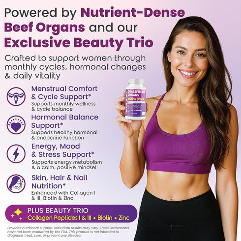 NUTRA ELMT 5 60 Beef Organ Supplement for Women (Made in USA) Enhanced w Biotin, Collagen Peptides & Zinc - Organ Blend