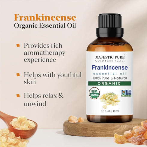 Majestic Pure USDA Organic Frankincense Essential Oil, 100% Pure Natural Oil for Pain Relief, Aromatherapy, Skin (0.3
