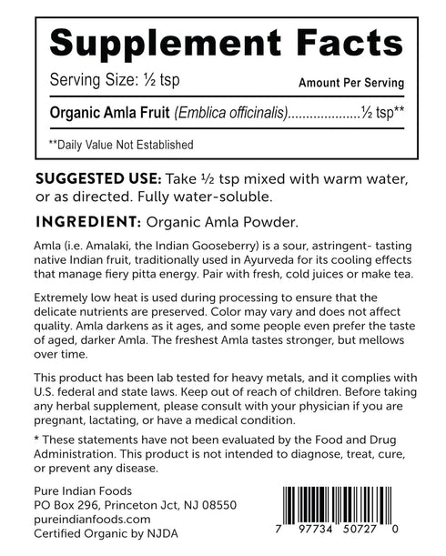 Pure Indian Foods Organic Amla Powder, 8 oz, Water-Soluble Amalaki Dietary Supplement, Perfect for Capsules