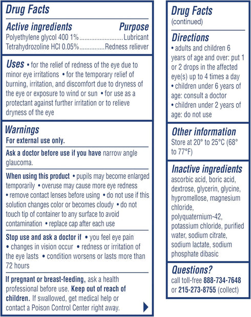 Tetrahydrozoline 0.5 oz Visine Red Eye Hydrating Comfort Redness Relief and Lubricant Eye Drops to Help Moisturize