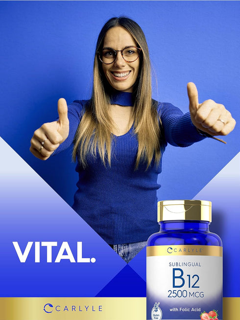 Carlyle Vitamin B12 Sublingual 2500 mcg - 250 Fast Dissolve Tablets, Cyanocobalamin Supplement with Folic Acid for
