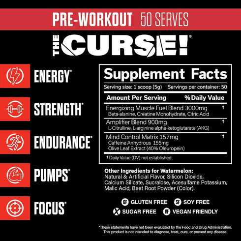 JNX SPORTS The Curse! Pre Workout Powder for Men & Women, 50 Servings, Watermelon Flavor – Boost Energy, Strength &