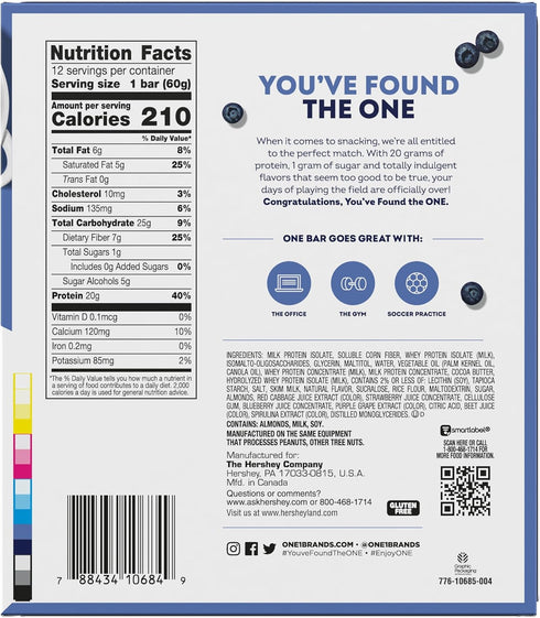 ONE Protein Bars, NEW Recipe Blueberry Cobbler, Gluten Free with 20g Protein, 1g Sugar, 2.12 oz (12 Count)
