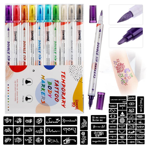 HAWINK Temporary Tattoo Markers for Skin, 10 Body Markers + 56 Large Tattoo Stencils for Kids and Adults, Dual-End Pens
