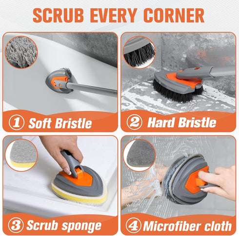 eazer 4-in-1 Long-Handled Tub Scrubber, Versatile Bathroom Cleaning Brush, Ideal for Shower, Tub, and Bathroom